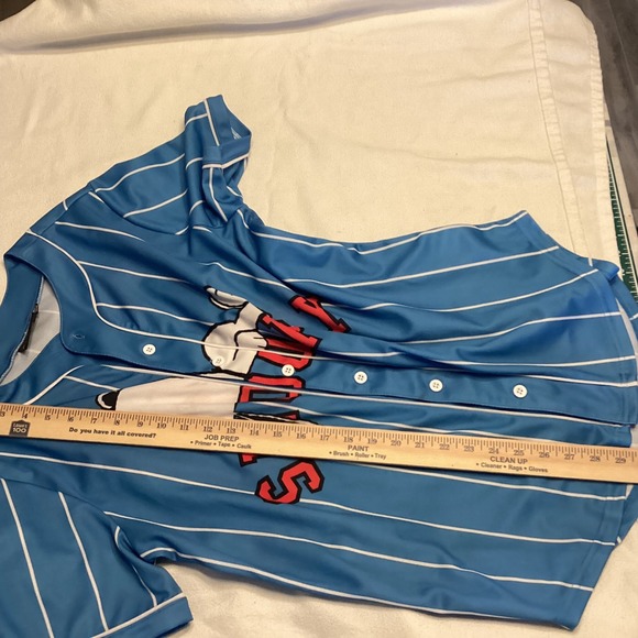 Peanuts Snoopy Baseball Jersey Blue Pinstripe Button Up Short Sleeve Small 50 - Picture 7 of 9